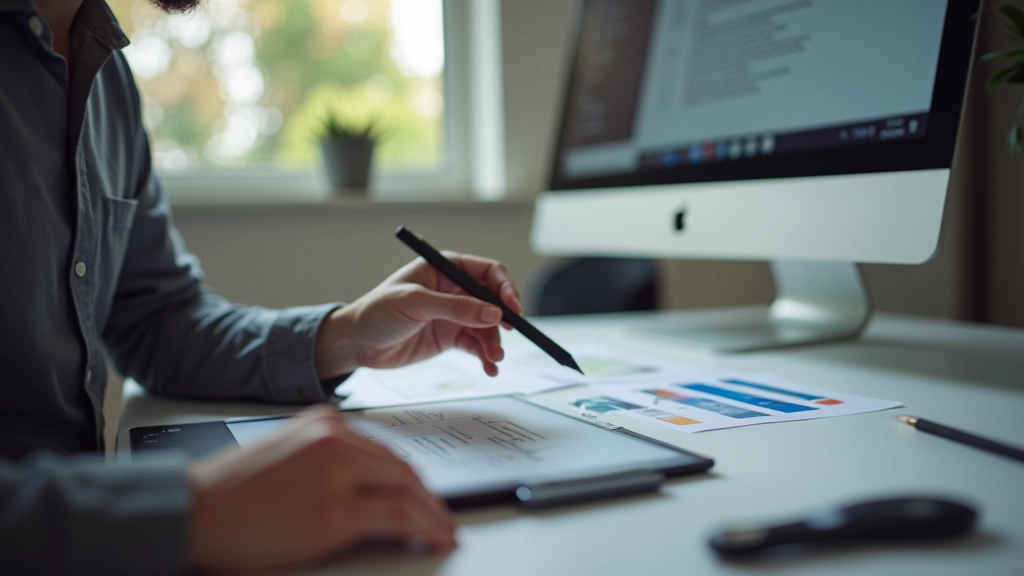 Designér pracuje na návrhu přilepených komponent s CSS kódem v pozadí