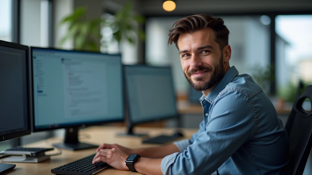 Tomáš Kučera v moderní kanceláři pracující na frontend projektu